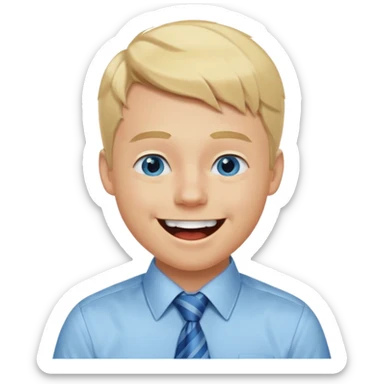 A young guy with blonde hair and blue eyes that looks masculine. make him wear a shirt with a tie. he is danish. He is laughing extremely hard. More extreme expression sticker
