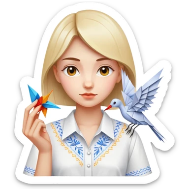Ukrainian young girl in a white embroidered shirt holds an origami crane sticker