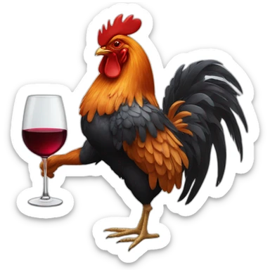 Rooster hanging a baguette and a glass of wine under his wings sticker