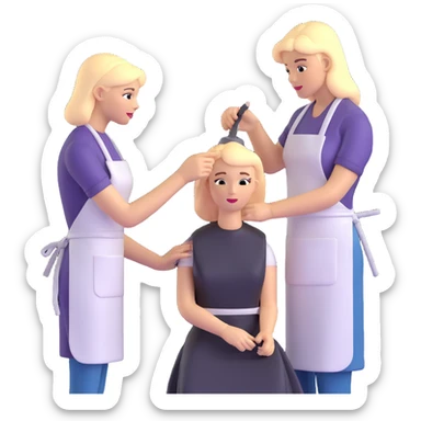 professional hairdresser in salon apron instructing student with mannequin sticker