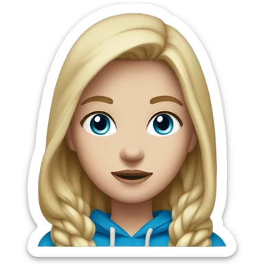 Girl with dirty blonde hair, white skin and blue eyes wearing a medium bloom hoodie sticker