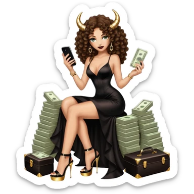 seductress evil brown curly haired sexy drug lord woman with clear glittery platform heels on her feet and devil black long silky sexy cutout dress, wearing black horns on her head, holding a stack of cash, has a phone in  other hand sticker