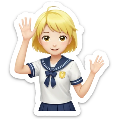 Anime girl with short bright yellow hair wearing Japanese sailor style school uniform, composed posture with hand on hip but energetically waving with other hand, excited smile and happy eyes sticker