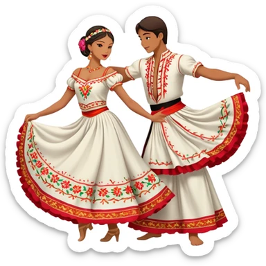 Cinematic Realistic scene of two dancers performing the Tarantella, dressed in vibrant, flowing traditional costumes with detailed embroidery and dynamic skirts, captured in festive motion with warm, lively lighting sticker