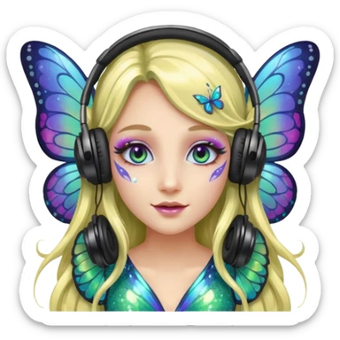 long haired make glitter makeup fairy wearing headpones wing butterfly wings  sticker