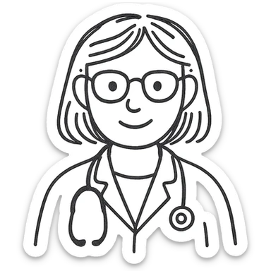 female doctor, modern medical attire, stethoscope, friendly expression, hand drawn outline icon style sticker