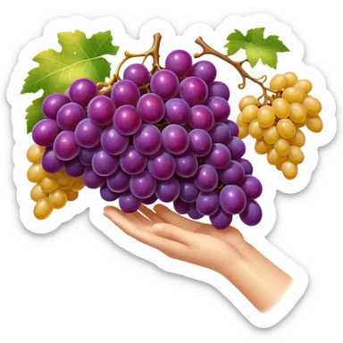 a single hand delicately holding a shiny purple grape, vineyard background, golden sunlight, luxury emoji style, minimal shading sticker
