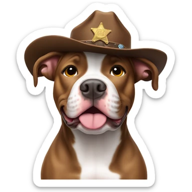 Brown and white pit bull wearing sheriff cowboy hat sticker