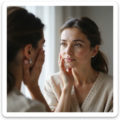 adult woman looking at herself in the mirror and touching her face, expression of self-compassion, realistic style, natural details, bright environment sticker