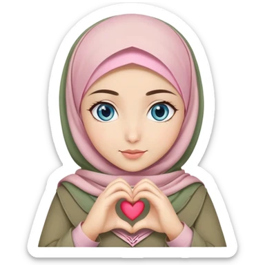 Turkish beautiful finish Konya girl blue eyes with khaki green and light pink hijab islamic dress and making heart with hands sticker