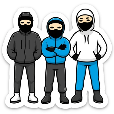 group of men posing together, some wearing black ski masks sticker
