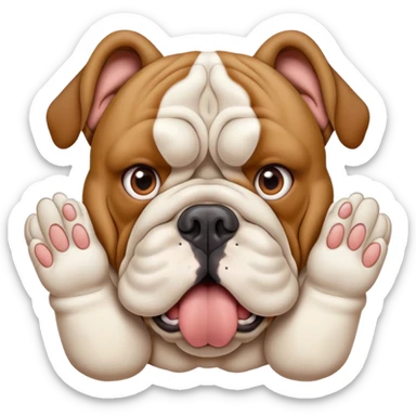 British bulldog dog with paws out in front of face in a surprised pose sticker