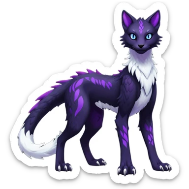 Kawaii dark black purplish blackish edgy fantasy ethereal feline-vernid-sergal-fursona animal creature full body with intricate markings  sticker