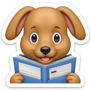 playful emoji dog sitting with a resume in its mouth, floppy ears, friendly face sticker