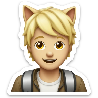 smiling blonde boy indoors wearing a cat hat sticker