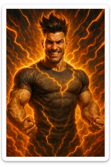 cinematic a man with a chiseled physique and wild, upward hair stands center stage, fists clenched and chest out. A radiant, electric aura envelops him, with energy lines and glowing effects highlighting his strength and masculinity. His face shows determination and pride, and the background features explosive, dynamic patterns. sticker