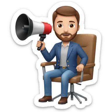 film director emoji with a modern megaphone and director's chair, brown hair and short beard, jeans and a undershirt with blazer top.  sticker