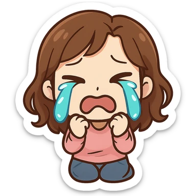 chibi emote of a woman in a pink blouse and jeans, crying with big tears, no headband, no sparkles, no wand, transparent background sticker