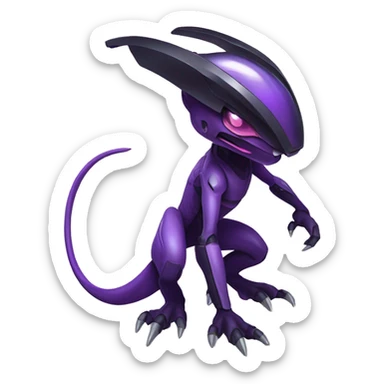 a shiny black-purple Genesect-Raptor-Fakémon—hybrid with a futuristic visor-helmet full body sticker