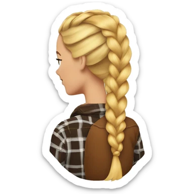 Woman with her back turned with a blonde hair braided wearing a brown and orange flannel sticker