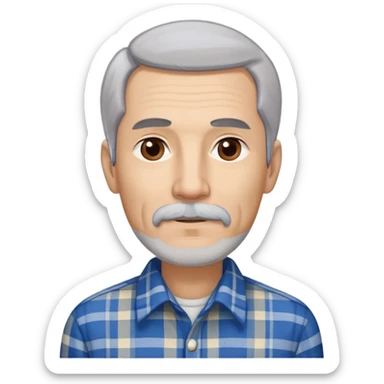 Thin older Hispanic man with light complexion. Elongated slim face with wise expression. Relaxed brown eyes. Long straight fine gray-white hair that covers the ears with soft fringe in front. White mustache connected to chin beard. Lean physique. Wearing a beige and blue plaid long-sleeved shirt. sticker