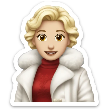 Pretty blonde in a red dress with white fluffy coat sticker