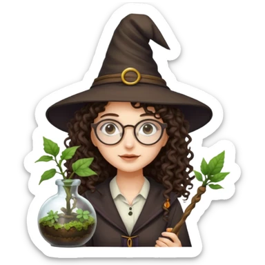 A long curly haired brunette girl with a witch hat, round white glasses, and a plant wand or plant potion terrarium sticker