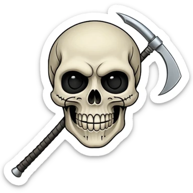 A laughing skull with a scythe crossed behind it, one eye socket winking. Clean, stylized lines, flat vector. Medieval woodcut style. Black and white with one accent color (tarnished silver). No background. sticker