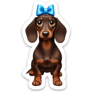 chocolate-colored dachshund with a blue bow on his head sticker
