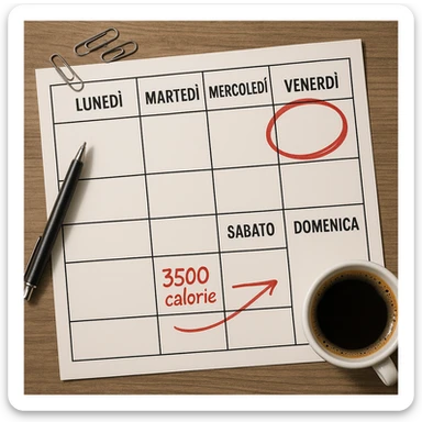 Hyperrealistic top-down view of a weekly calendar in Italian, showing days from Monday to Sunday. Friday is circled in red. Below both Saturday and Sunday, the text '3500 calorie' is connected by a red arrow linking both days. The scene has 4K details and a desk atmosphere. sticker