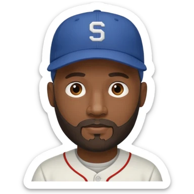 Man with bald head and beard and slightly dark skin wearing a baseball cap sticker