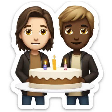 Long Light brown hair white guy and short dark brown hair white guy holding cake and blowing candles sticker