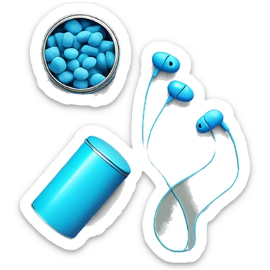 blue candies and a wired earphone in a tin sticker