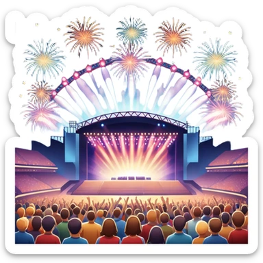 An icon showing a stadium stage with a concert in full swing, bright stage lights illuminating the performers, and fireworks bursting in the sky. The excitement of the crowd is palpable, symbolizing a love for live music and unforgettable shows. transparent background. sticker