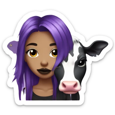 emo girl with lip piercings and big septum piercing and has purple hair streaks with her pet cow  sticker