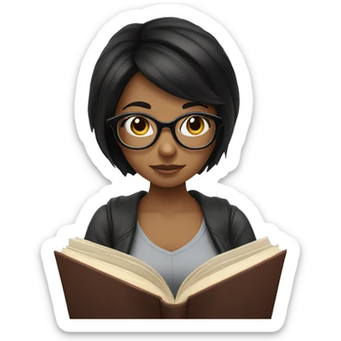 A girl with black hair and glasses reading a book sticker