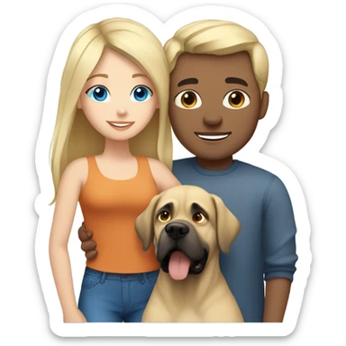 Brunette blue eye man and blonde blue eye girl hugging an English mastiff dog sticker