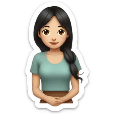 Asian girl with brown eyes and middle black hair and cute top cuddling a brown lovely monkey sticker