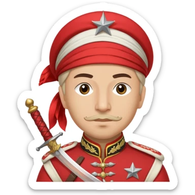 Ottoman janissary in red army dress holding a sword had a white cap sticker