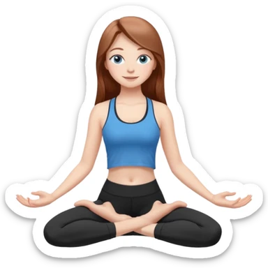 A girl with fair skin and a natural blush. Eyes are large, expressive, blue. Hair is long, straight, chestnut-colored. The smile is soft, friendly, doing yoga in a black top and leggings in a popular pose sticker