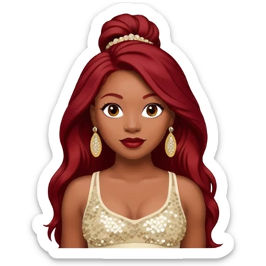 LaTavia Robeson with long dark red hair, ivory sequin crop top, ivory earring sticker