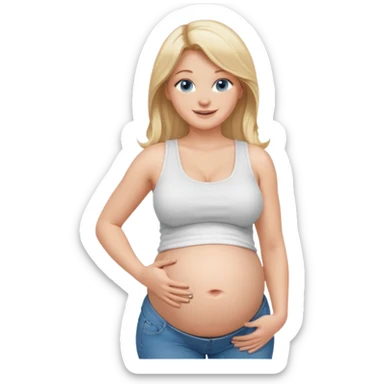 White girl, long blonde hair, white tank crop top, smiling, bare midriff, blue eyes, huge round pregnant belly, jeans, side view sticker