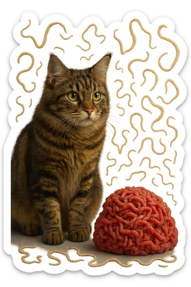 gatto stupendo e macinato di carne poco cotta a montagnetta stanno l'uno accanto all'altro con dei parassiti come la tenia che gli fluttuano intorno, iperrealistica 4k sticker