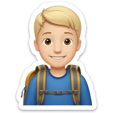 smiling boy outdoors with backpack sticker