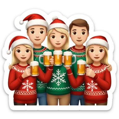 cozy Christmas scene with friends toasting beer mugs, Scandinavian jul style, festive atmosphere, warm colors sticker