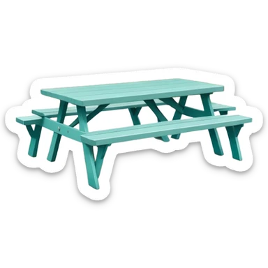 simple rectangular picnic table with attached benches, soft teal color, white end caps on table and benches, all legs straight, small wheels underneath, flat wood-style silhouette, muted teal tone, clean geometry, minimal shading sticker