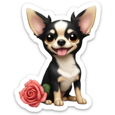 Cute fluffy Black and beige cartoon chihuahua holding a rose in mouth sticker