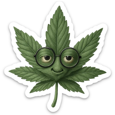 Make this weed leaf with round glasses look more realistic, keep the glasses, and maintain no background. The style should be realistic with natural textures and details on the leaf and glasses. sticker