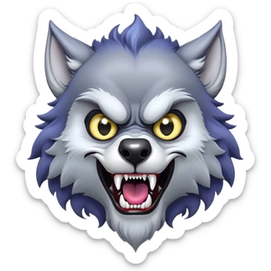 Cinematic Comical Werewolf Portrait Emoji, with a whimsically exaggerated lupine face in vivid moonlit grays and silvers, head cocked in a dramatically shocked expression with comically oversized, wide eyes and a playful snarl, simplified yet hilariously expressive, highly detailed with a soft cartoonish glowing outline capturing the mischievous humor of a werewolf mid-transformation! sticker