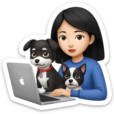 Asian girl with black hair working on an Apple laptop, next to her is a black and white dog sticker